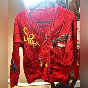 Ebossy Red Patchwork Button-Up Cardigan Sweater – Unique Stitching – Size M